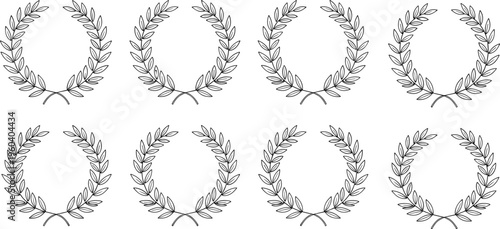   Laurel wreath icons vector illustration, victory award symbols, honor achievement design, decorative circular leaf artwork for ceremony and celebration