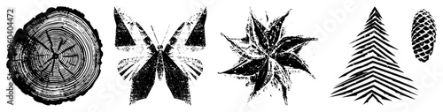 Vector nature symbols with halftone texture tree section, butterfly, starburst flower, conifer, pinecone. Ideal for eco design, print, or digital assets.