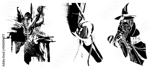 Armored knight, hand holding dagger, hooded wizard bold vector silhouettes, halftone textures, art, isolated characters, RPG design, game asset.