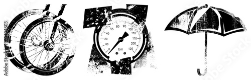 Grungy halftone vector of a bicycle wheel, pressure gauge, and umbrella. Retro distressed style,, isolated symbols for design use.