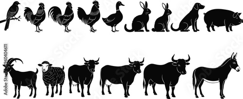 Farm animal silhouettes set with livestock poultry and domestic animals isolated on white background vector illustration for agriculture design use