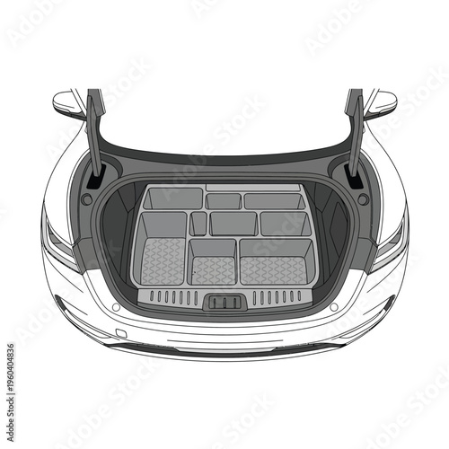 Car Trunk Organizer System Illustration for Efficient Vehicle Storage Solutions and Tidy Cargo Management with Modular Compartments