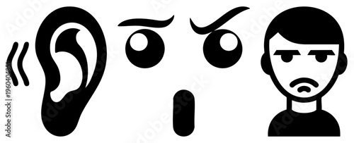 Person expressing frustration at sound, ear with waves, wide eyes, open mouth, angry face, hearing sensitivity, annoyance.