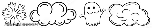 Cartoon snowflake, cloud, cute ghost, smiling cloud simple art for seasonal themes, children’s content, or UI elements.