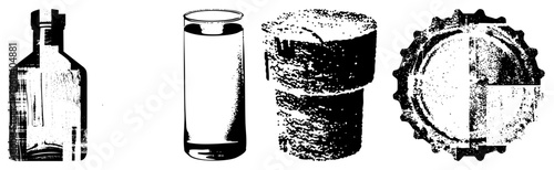 Retro glass bottle with cork, water glass, stacked beverage cans, bottle cap, vintage packaging, drink containers, halftone style illustration.