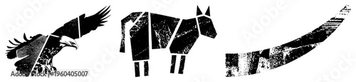 Graphic vector of eagle,, and horn in fragmented halftone style, black and white, isolated design elements for branding or use.