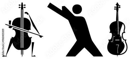 Black vector of musician playing cello, stylized human figure, isolated instruments, minimalist art, musical performance, string instrument, classical music, silhouette design.