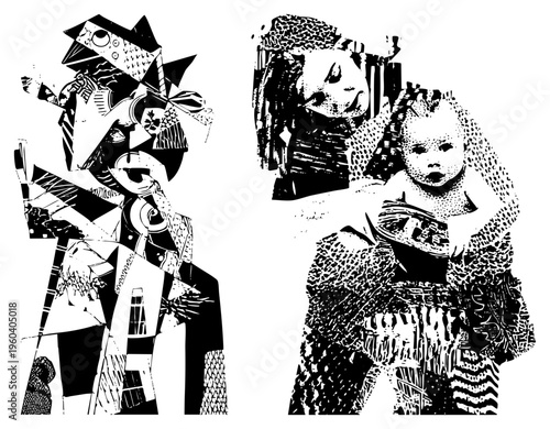 Stylized black and white figures rendered in geometric fragmentation and halftone textures, cubist art style, isolated subjects with, artistic expression, graphic illustration.
