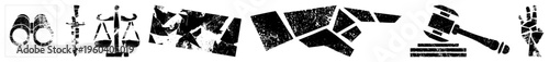 Broken justice scales, gavel, handcuffs, sword, shattered glass, raised fist, legal symbols,, distressed texture, vector graphic.