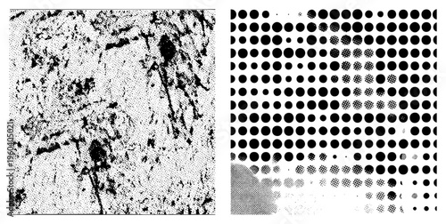 Black and white halftone graphic with varying dot density gradients, abstract texture, print simulation, screen printing effect, digital art.