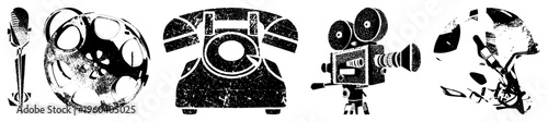 Retro microphone, film reel, rotary phone, movie camera, and broken globe all in gritty vector art, ideal for nostalgia or retro branding.