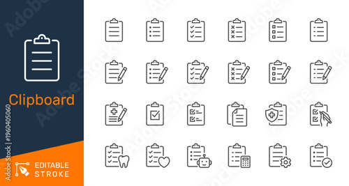 Clipboard thin line icon collection for checklist, document, task management and form concept. Editable stroke. Pixel perfect.