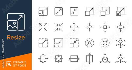 Resize thin line icon collection for scaling, expanding, adjusting, and transformation concept. Editable stroke. Pixel perfect.