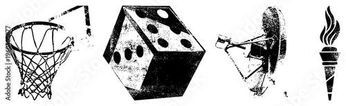 Set of four symbolic basketball hoop, die, satellite dish, torch, halftone texture, vector style. Represent chance, communication, sport, and enlightenment.