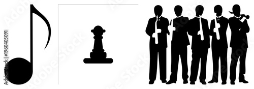 Black vector musical note, chess pawn, jazz band silhouettes. Flat design, isolated symbols for creative projects. Music, strategy, performance themes.