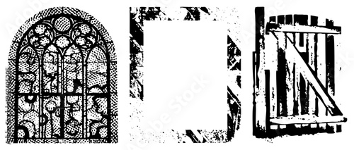 Medieval religious architecture elements ornate stained glass window, rustic wooden door, stone archway, black and white vector illustration, historical design motifs.