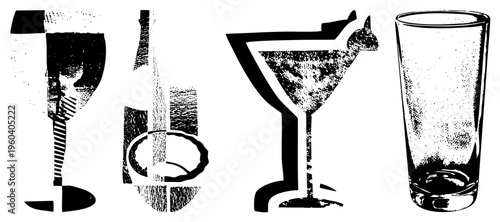 Classic cocktail glasses rendered in halftone style, including wine glass, bottle, martini glass with cat silhouette, and pint glass, all in vector art.