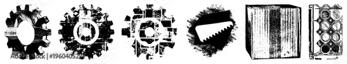 Set of stylized mechanical gears, saw blade, and structural blocks rendered in high contrast vector art, ideal for engineering or industrial design.