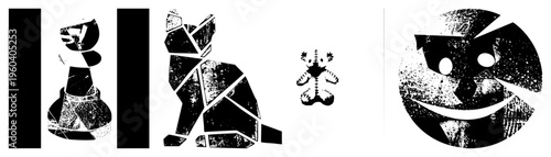 Abstract black and white vector broken cat silhouette, teddy bear, cracked face, all with distressed texture and angular.