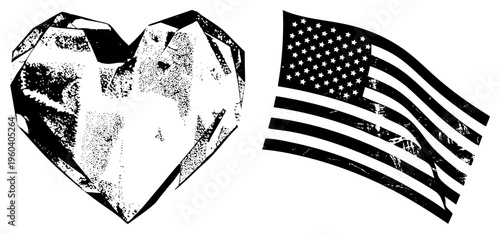 Distressed heart symbol and waving USA flag, emblem, national pride, stencil graphic, design, vintage texture, bold.