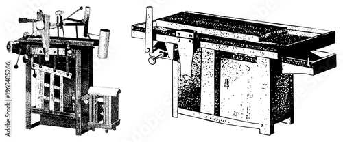 Antique woodworking tools including a press and planer, classic workshop equipment, early 20th century design, hand cranked mechanical systems, carpentry machinery.