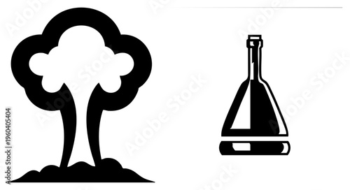 Atomic bomb mushroom cloud silhouette, scientific glassware flask, vector symbols for nuclear science, chemistry lab, atomic research, radiation hazard, educational.