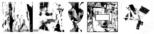 Fragmented abstract shapes with halftone, graphic art, modern minimalism, vector design elements, textured black and white forms.