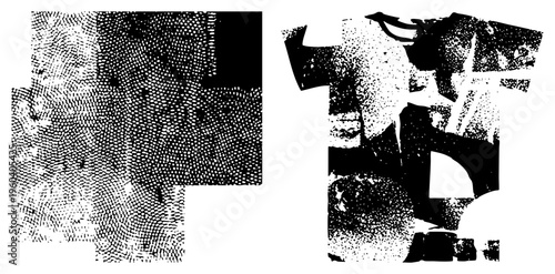 Stylized halftone t shirt graphic with bold shapes, isolated vector design, punk aesthetic, black and white dot matrix, modern art print.