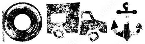 Stylized black of tire, truck, and anchor with gritty texture, vector design, isolated symbols, industrial motifs, aesthetic.