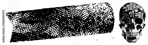 skull adorned with internal gears and circuitry, paired with reptilian scale texture, vector art, black and white, dystopian motif, mechanical death symbol.