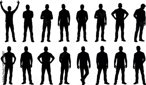  Vector illustration of human silhouettes in diverse standing poses, expressive gestures, body language variations, modern creative artwork design