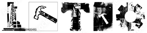 Hammer and gear symbols rendered as halftone vector glyphs, industrial, mechanical motifs, gritty textures, technical symbols, construction tools, mechanical design.