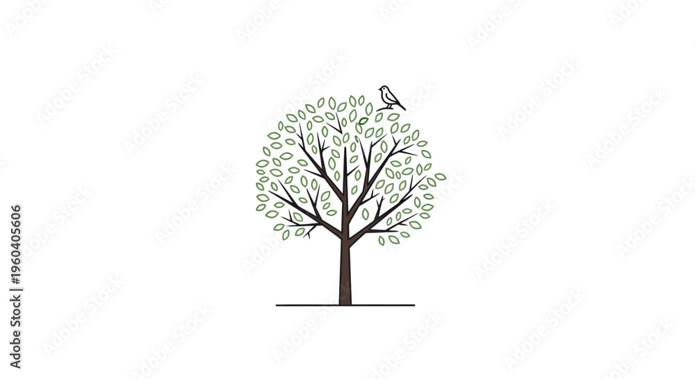 Obraz premium Minimalist Tree with Bird Silhouette on White Background