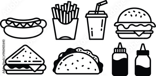 Fast food line art vector illustration set featuring burger fries hot dog sandwich taco soda and sauce bottles for cafe menu.