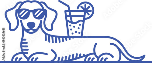 Funny dachshund dog wearing sunglasses with summer cocktail line art vector illustration featuring a cool puppy relaxing on the beach.