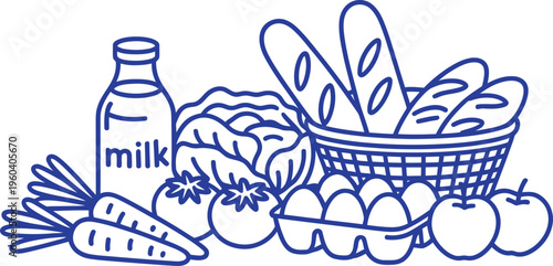 Hand-drawn grocery line art vector illustration featuring milk bottle bread basket eggs carrots tomatoes cabbage and apples for healthy shopping.
