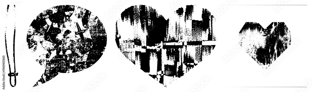 Obraz premium Graphic vector shapes filled with gritty cityscape fragments, urban collage texture, halftone aesthetic, isolated design elements, modern art composition, urban motifs.