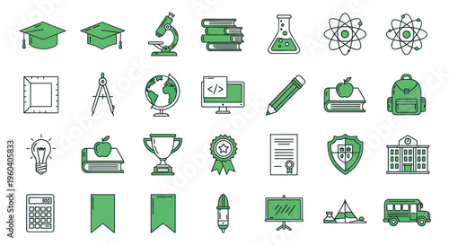 Education Icons Set: Graduation Cap, Books, Microscope, Globe, Computer, Pencil, Backpack