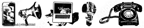 Smartphone, megaphone, laptop, lightbulb, rotary phone communication, tech evolution, digital and analog tools, vector graphics.