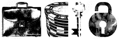 Business portfolio and finance symbols rendered in halftone style, including leather satchel, currency stack, vintage key, and security padlock, ideal for financial or corporate themes.