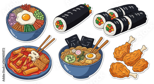 Korean Food Assortment: Bibimbap, Kimbap, Tteokbokki, Ramen, Fried Chicken