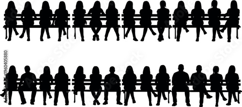  Vector illustration of people silhouettes seated on benches, diverse human figures, casual postures, social spacing, modern creative artwork design