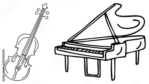 Musical instruments, stringed violin and piano, artistic sketch, music education, classical performance, black art, vector illustration.