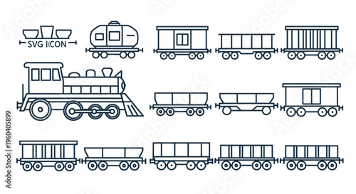 Vintage Train and Wagons Line Art Icon Set - Vector Illustration