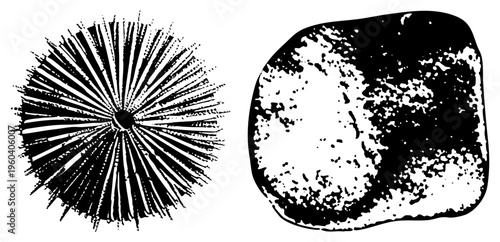 Abstract radial burst design with jagged, alongside irregularly textured stone silhouette, both in vector style, ideal for graphic design or fills.