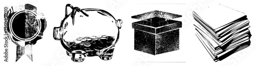 Black and white vector award ribbon, piggy bank with coins, graduation cap, stacked papers flat design for finance, education, achievement, and documentation themes.