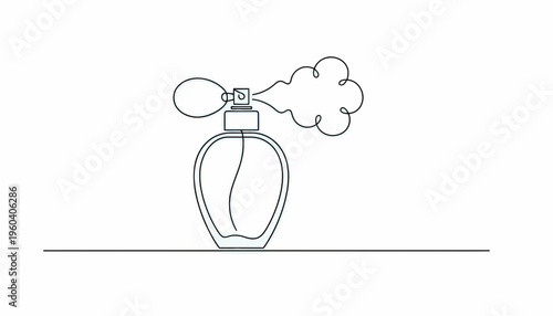 Minimalist perfume bottle spraying fragrance, elegant single line art, isolated on white background