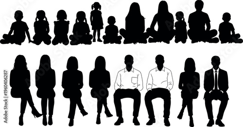   Vector illustration of seated people silhouettes, casual and formal postures, family and business figures, diverse social interaction artwork design
