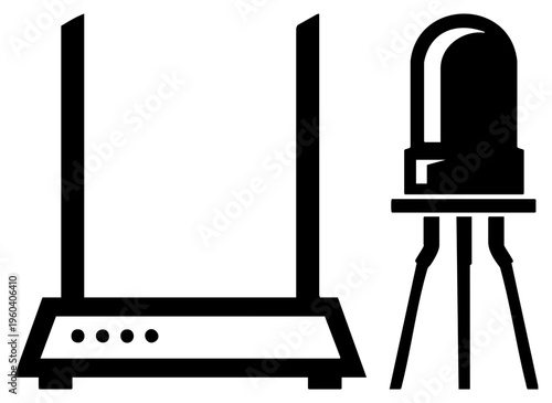 Black vector of router with antennas and LED diode, isolated tech symbols, digital hardware, circuit elements, electronic devices.