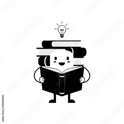 Smiling cartoon character reading book.